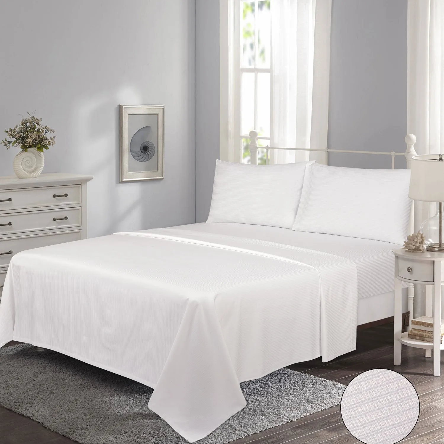 300 Thread Count Satin Stripe Flat Sheet - White