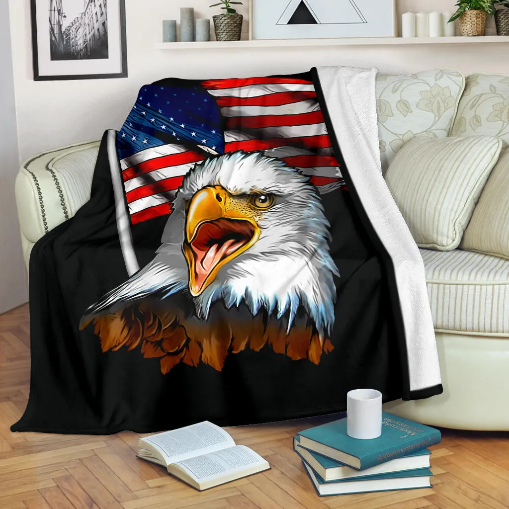 American Bald Eagle Flag Waving Black Premium Blanket