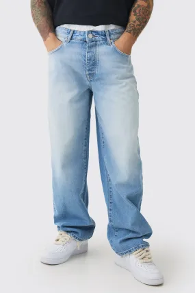 Baggy Rigid Double Waistband Denim Jeans In Light Blue