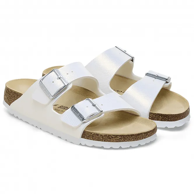 BIRKENSTOCK  Womens Arizona Shiny Lizard White Double Strap Buckle Mules 1026500