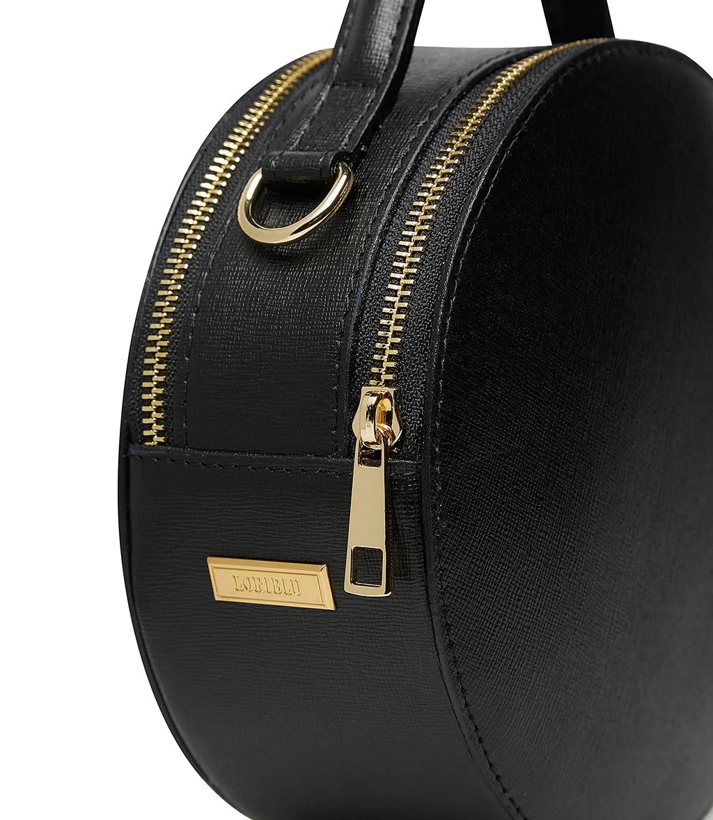 Black round leather shoulder bag