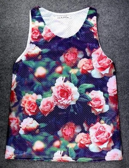 Black Vintage Pink Flowers Roses Net Sleeveless Mens T-shirt Vest Sports Tank Top