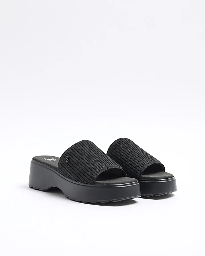 Black wide fit knit flatform sandals