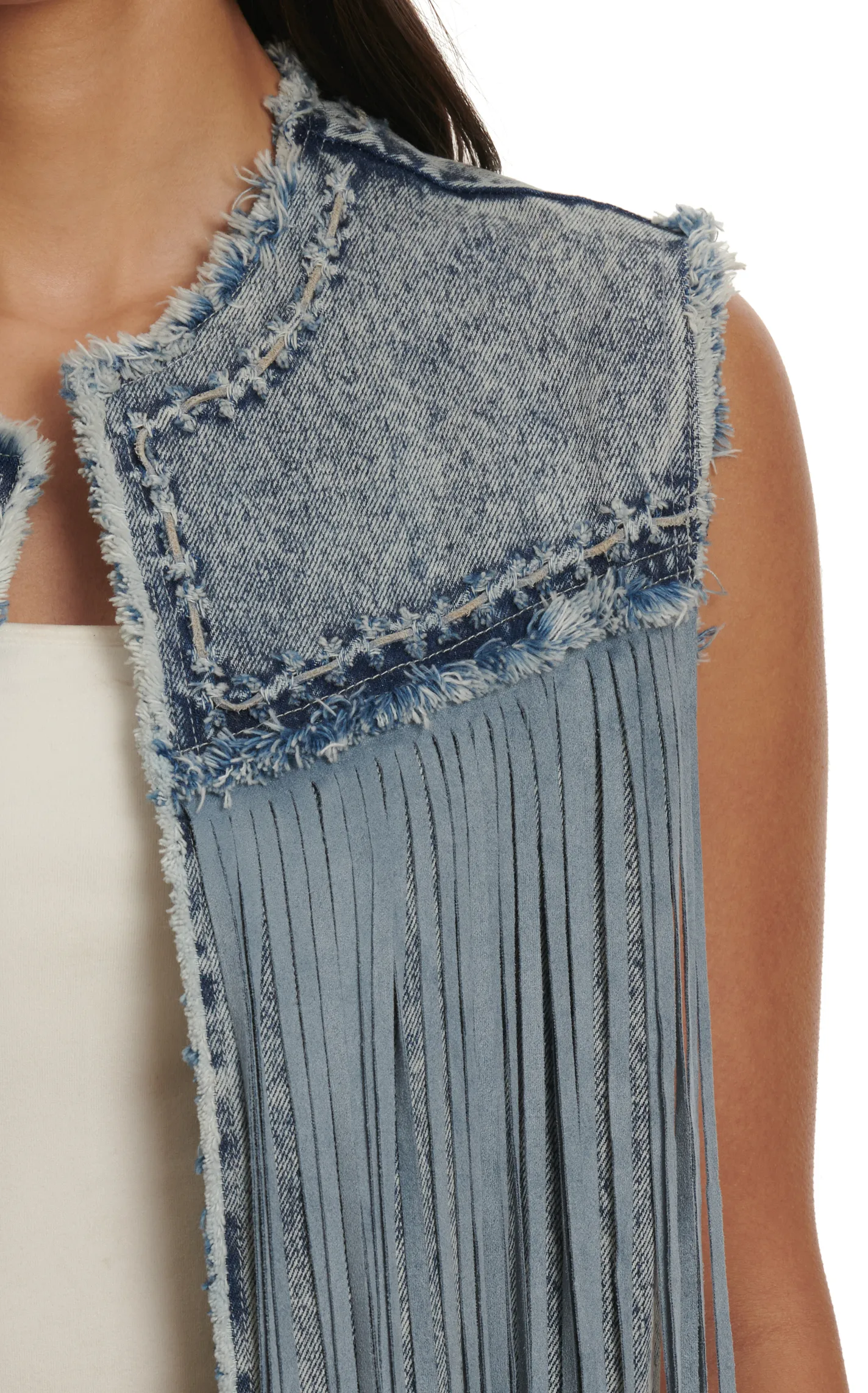 Blue B Women's Light Wash Frayed Seams & Fringed Vest