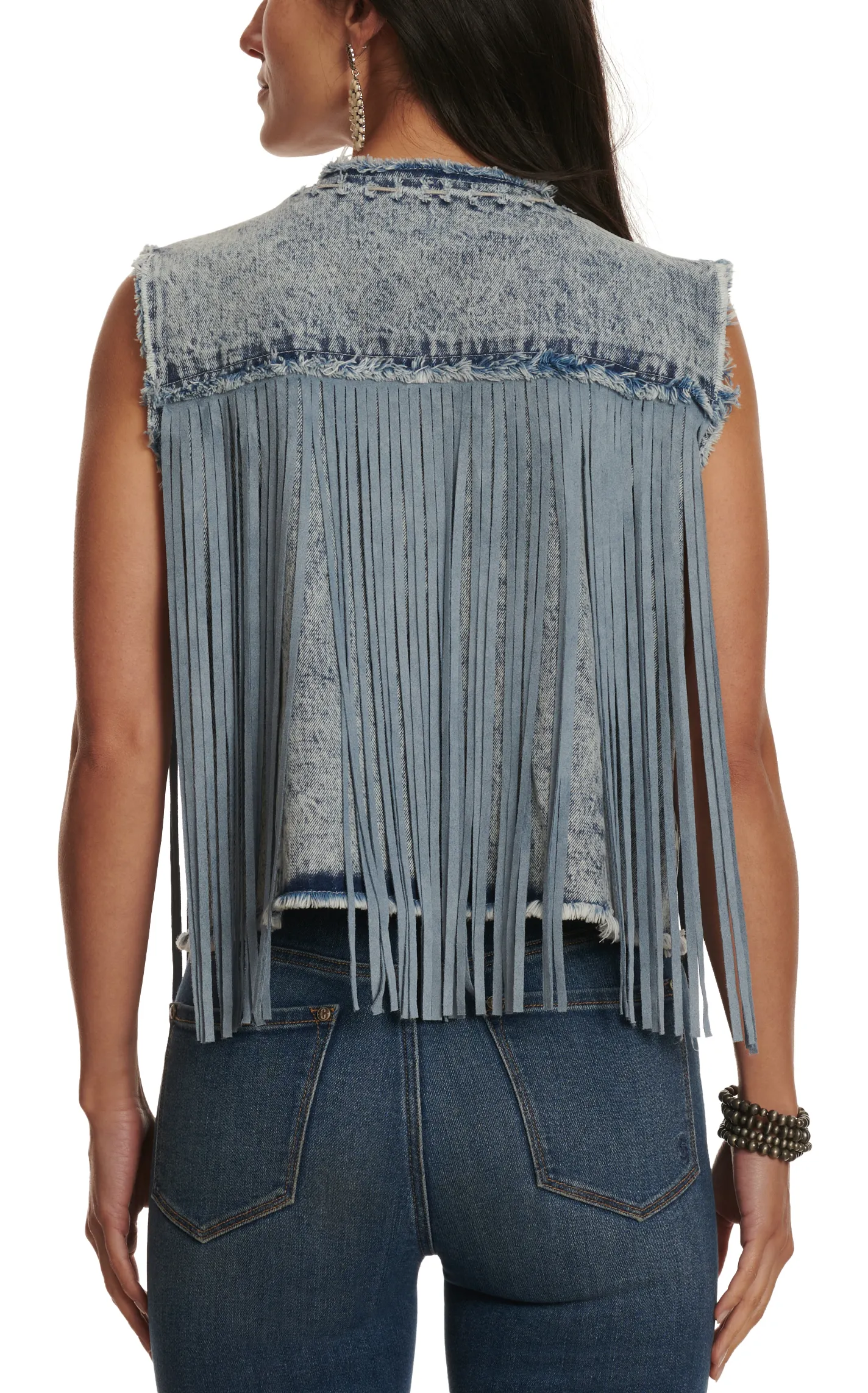 Blue B Women's Light Wash Frayed Seams & Fringed Vest