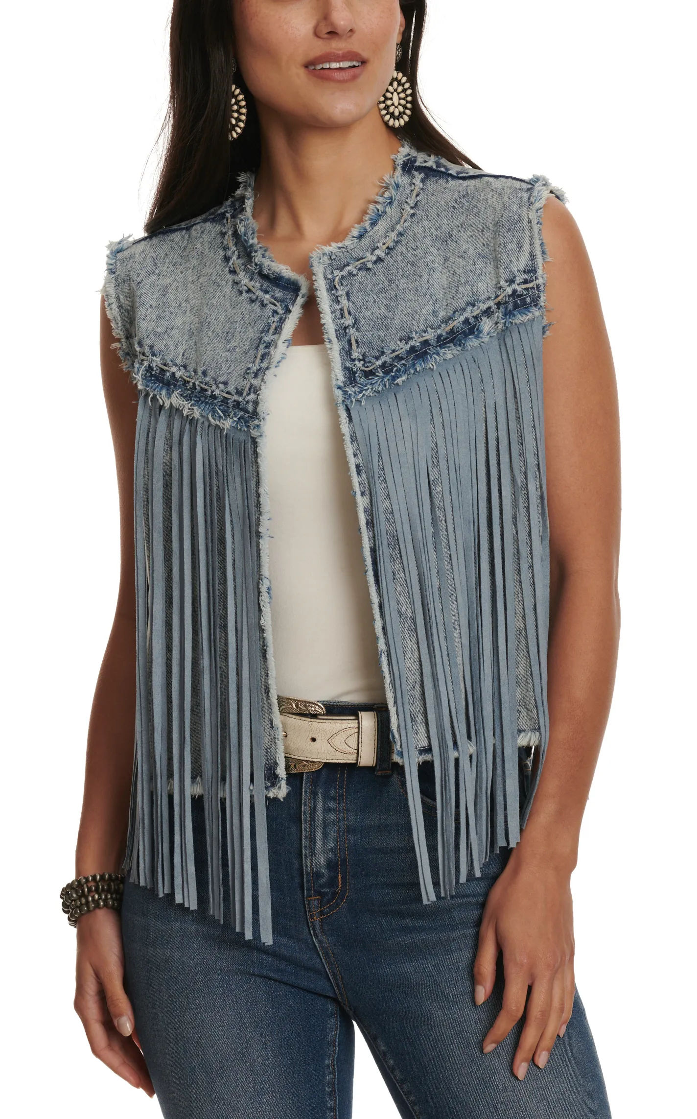 Blue B Women's Light Wash Frayed Seams & Fringed Vest