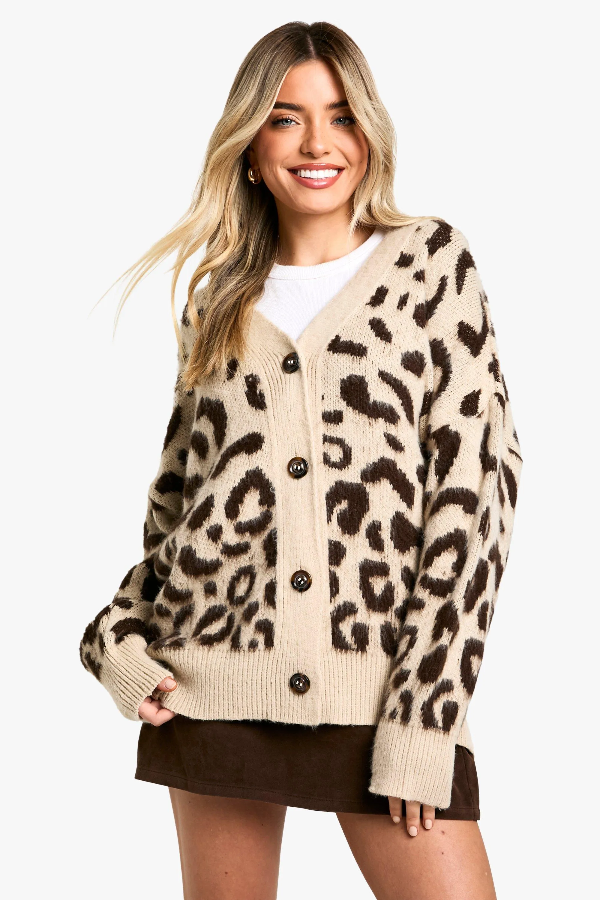 Brushed Knit Leopard Boyfriend Cardigan