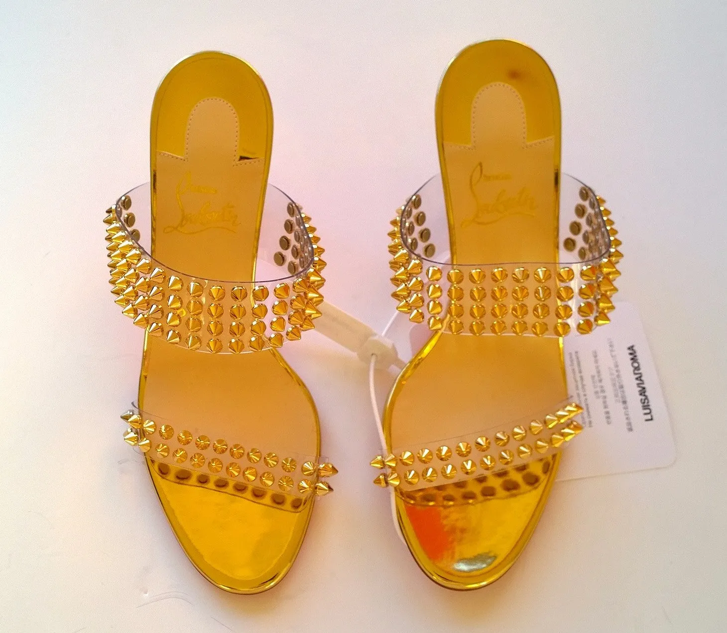 Christian Louboutin Spikes Only Gold Specchio 85 PVC and Leather Mules new sandals