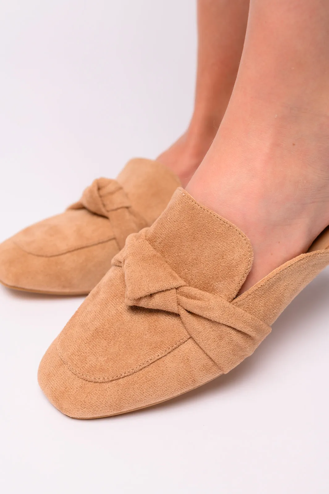 Clingy Mules in Camel Faux Suede Corkys