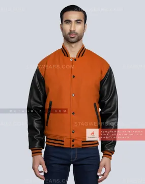 College Varsity Jacket in Orange and Black - Add It to Your Wardrobe Now!