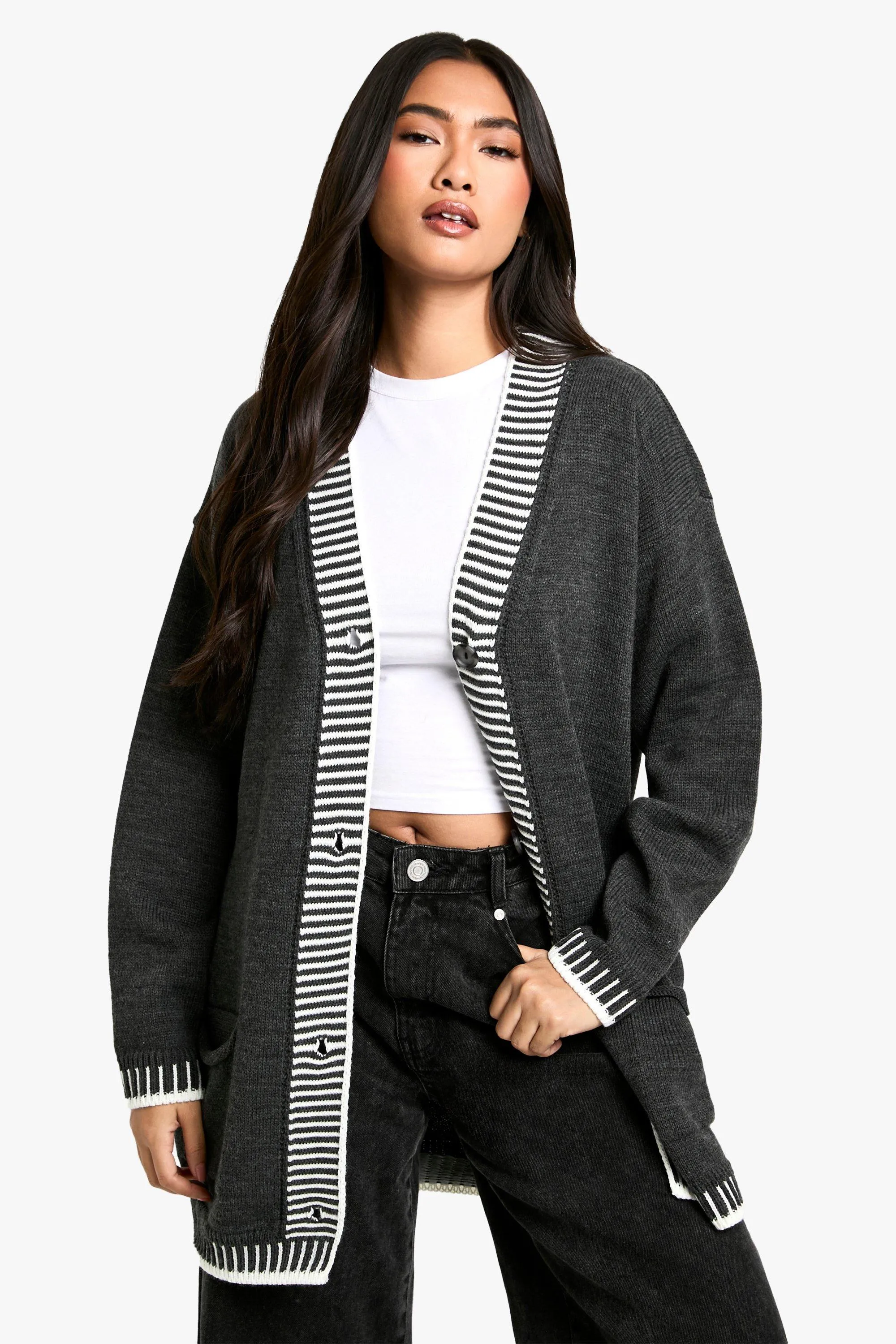 Contrast Stitch Oversized Knitted Cardigan