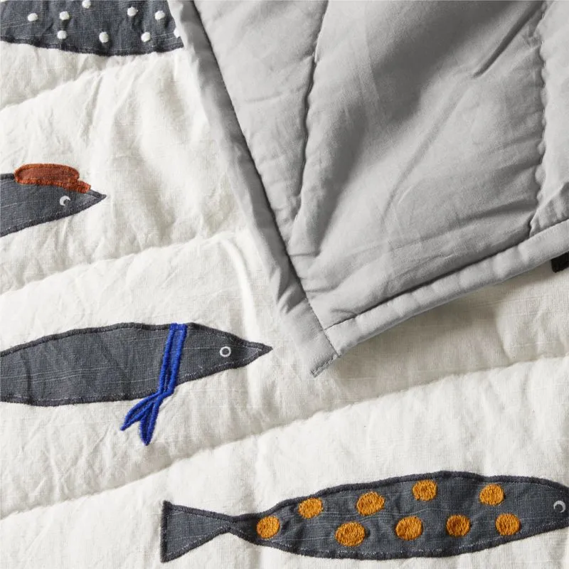 Crate&Barrel Shark School Embroidered Cotton Kids Twin Quilt