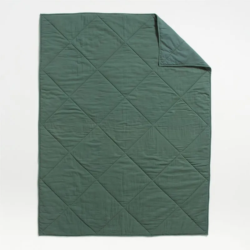 Crate&Barrel Supersoft Pine Green Cotton Gauze Kids Twin Quilt