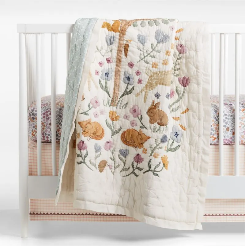 Crate&Barrel Wonderland Prairie Embroidered Organic Cotton Voile Baby Crib Quilt