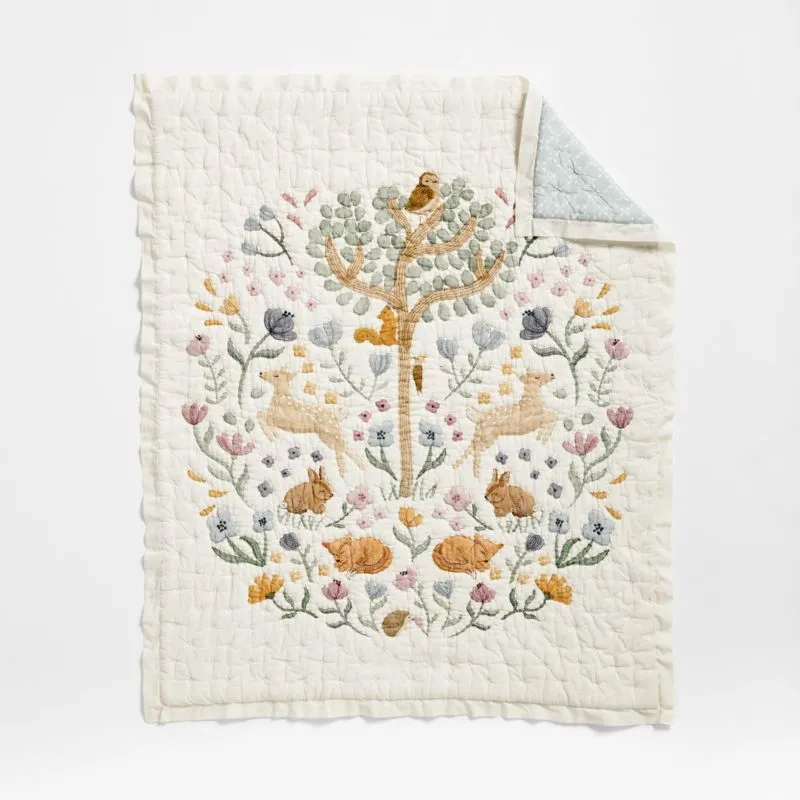 Crate&Barrel Wonderland Prairie Embroidered Organic Cotton Voile Baby Crib Quilt