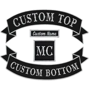 Custom Biker Vest Patch 4 Piece Set - Banner Style Tab and Rocker - Sew On