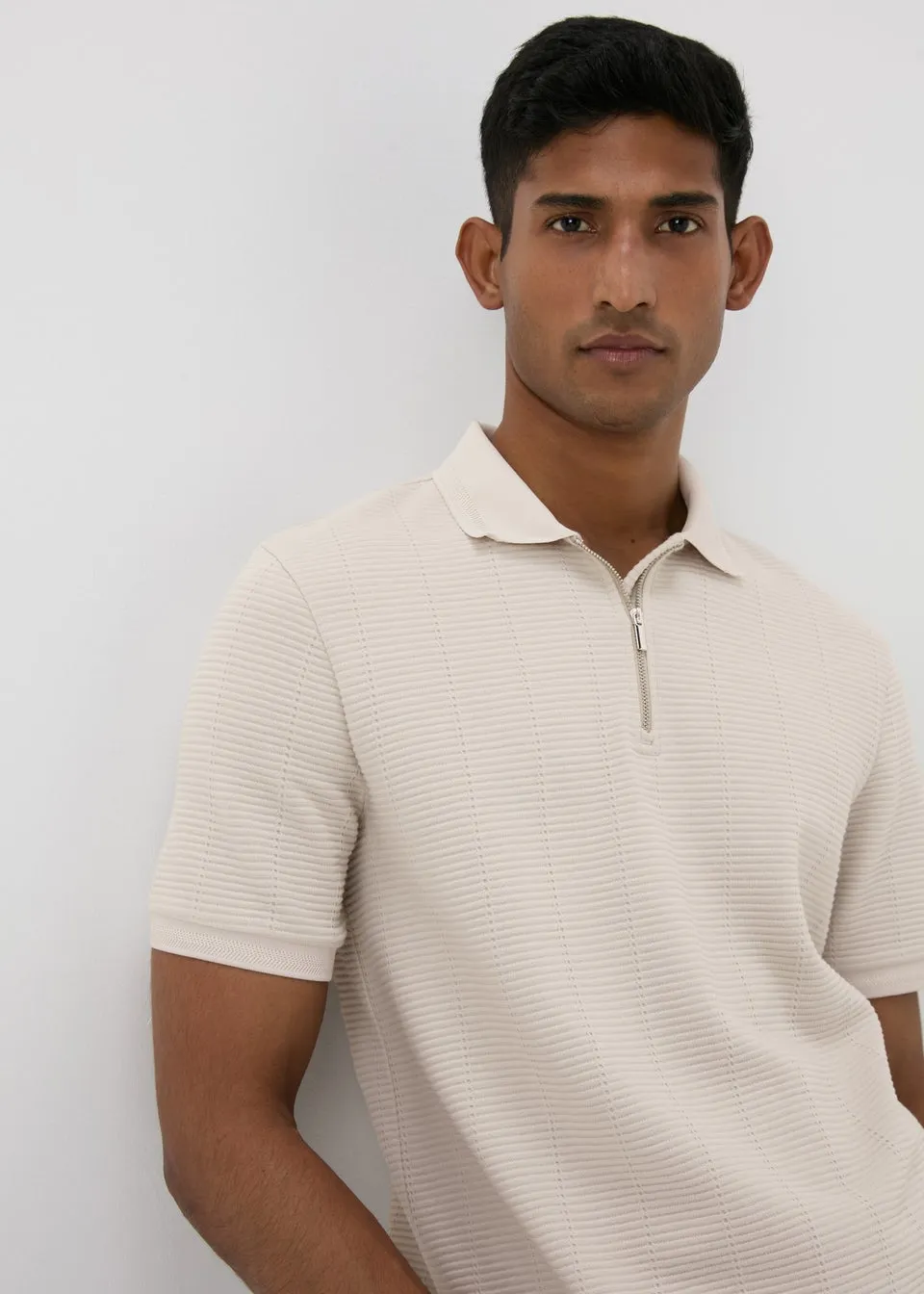 Ecru Textured Zip Polo Shirt