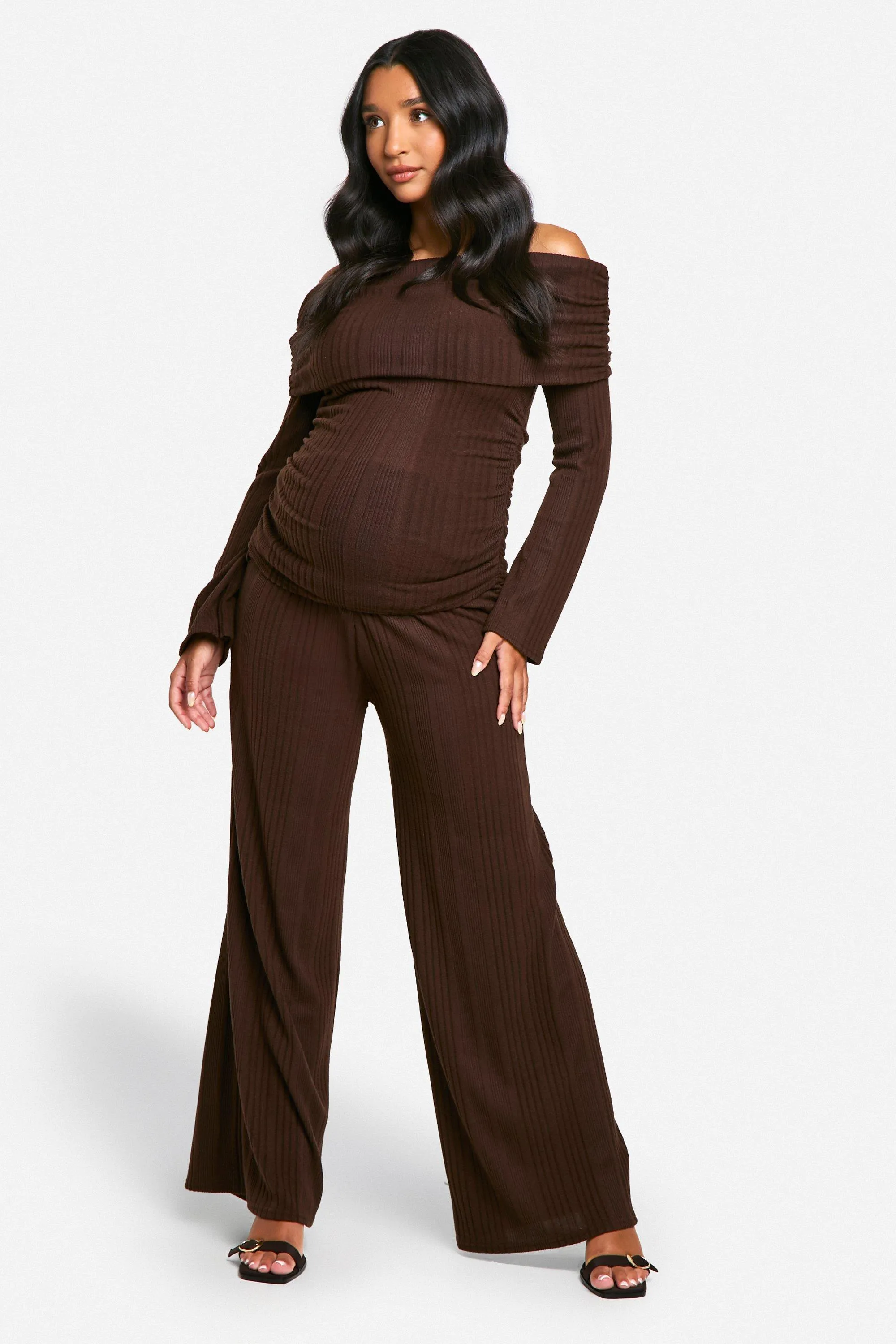 Emily Shak Maternity Soft Rib Fold Over Ruched Waist Wide Leg Pants