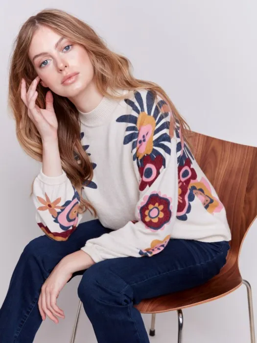 FINAL SALE Charlie B C2689 Floral Print Mock Neck Sweater