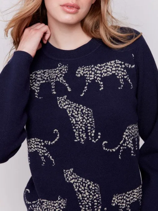 FINAL SALE Charlie B C2763 Cheetah Jacquard Crew-Neck Sweater