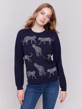 FINAL SALE Charlie B C2763 Cheetah Jacquard Crew-Neck Sweater