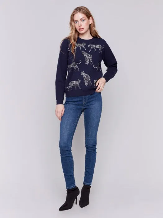 FINAL SALE Charlie B C2763 Cheetah Jacquard Crew-Neck Sweater