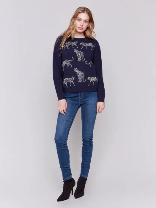 FINAL SALE Charlie B C2763 Cheetah Jacquard Crew-Neck Sweater