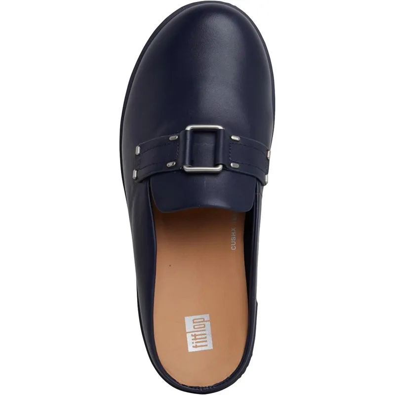 FitFlop Womens Pilar Stud-Buckle Leather Platform Mules Midnight Navy