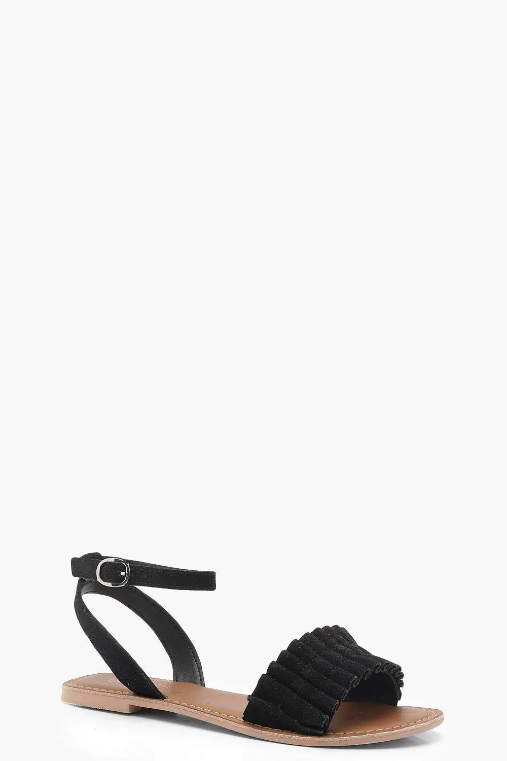 Frill Detail Ankle Strap Suede Sandals