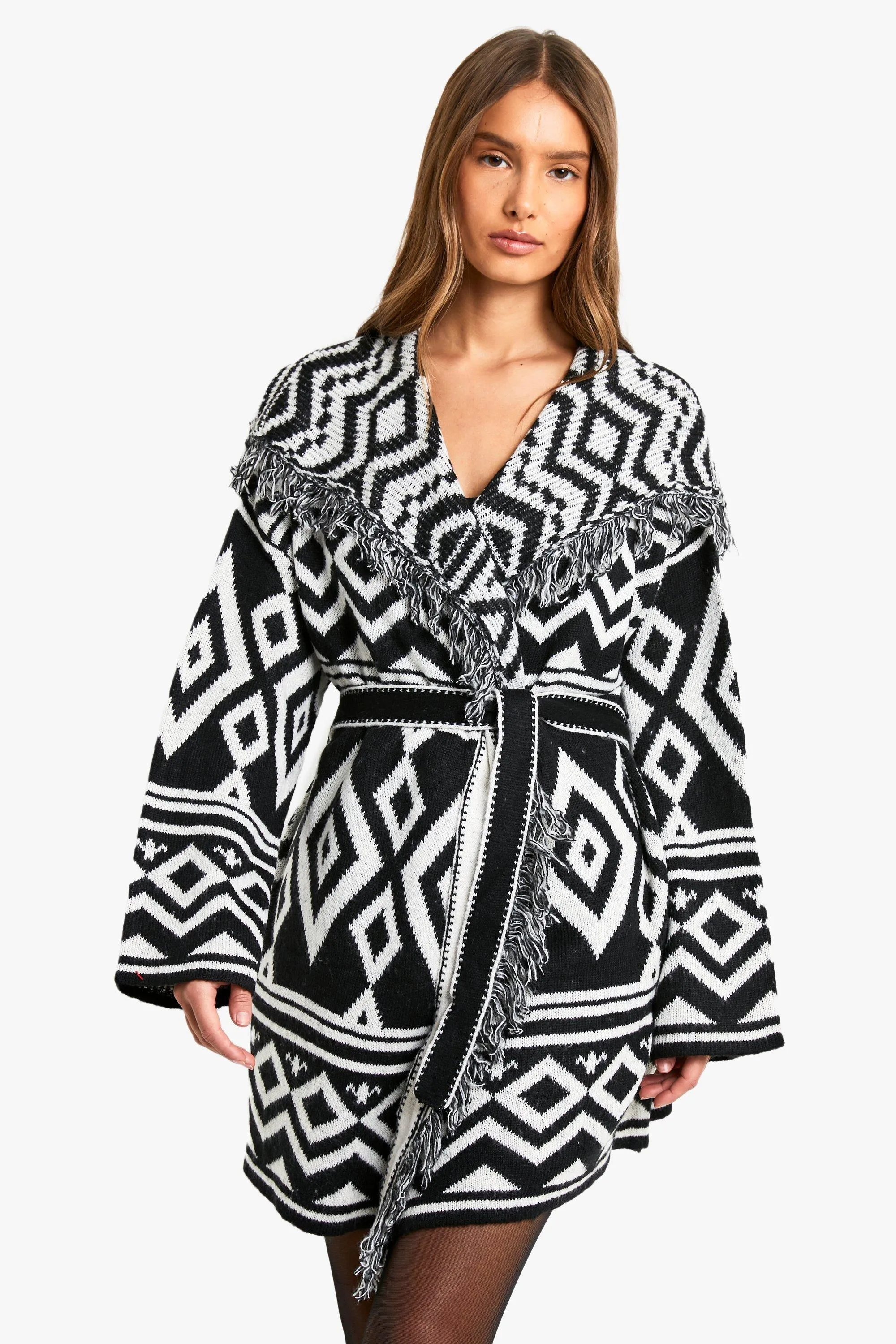 Knitted Aztec Longline Belted Cardigan