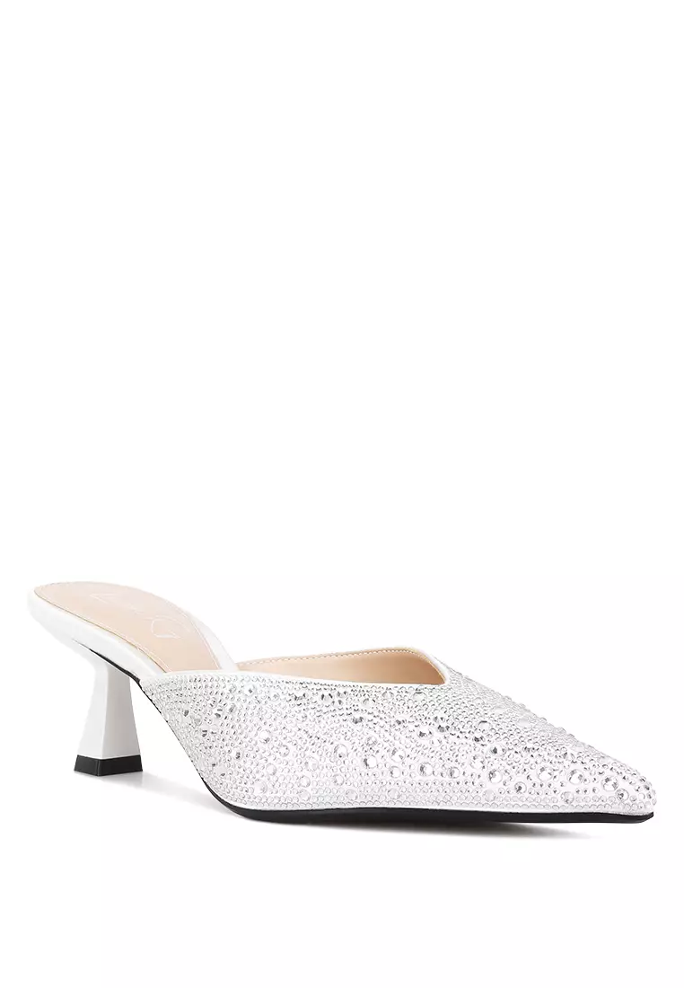 London Rag White Rhinestones Embellished Satin Mules