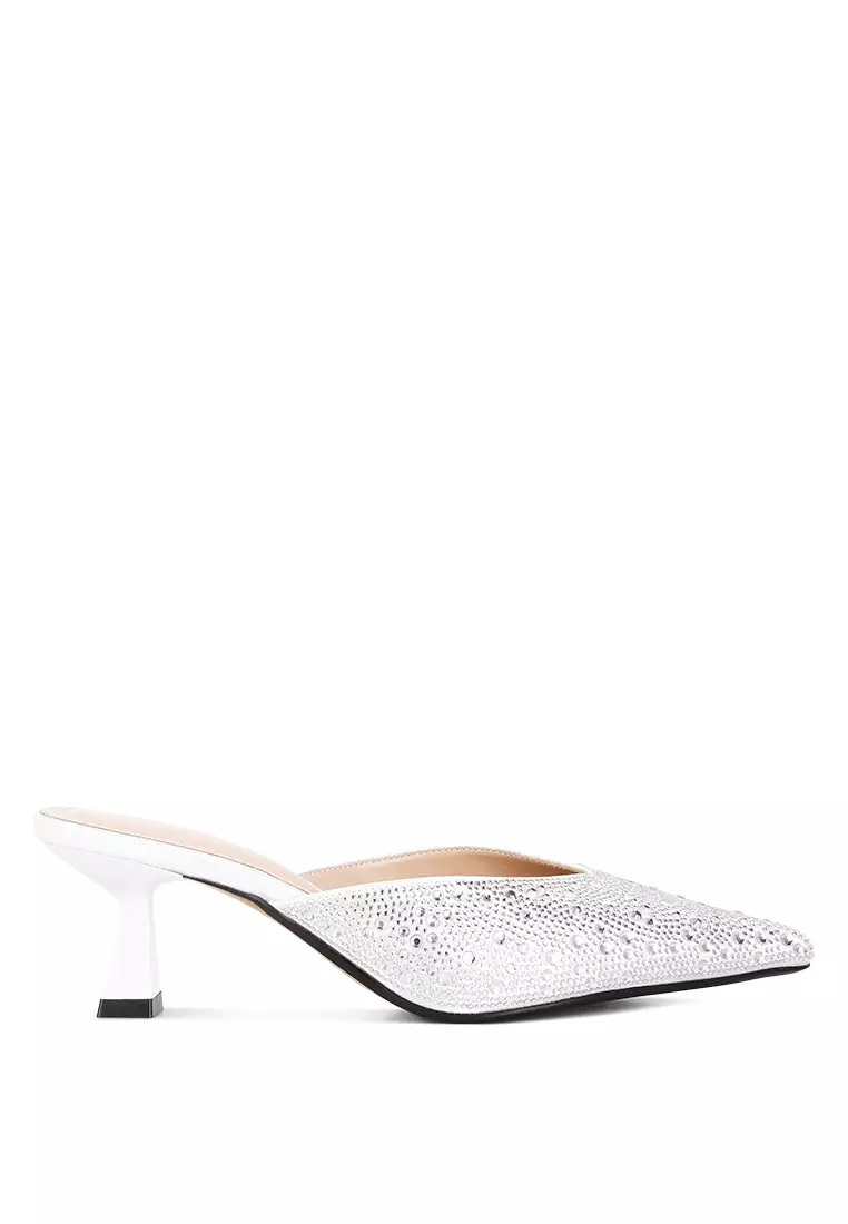 London Rag White Rhinestones Embellished Satin Mules