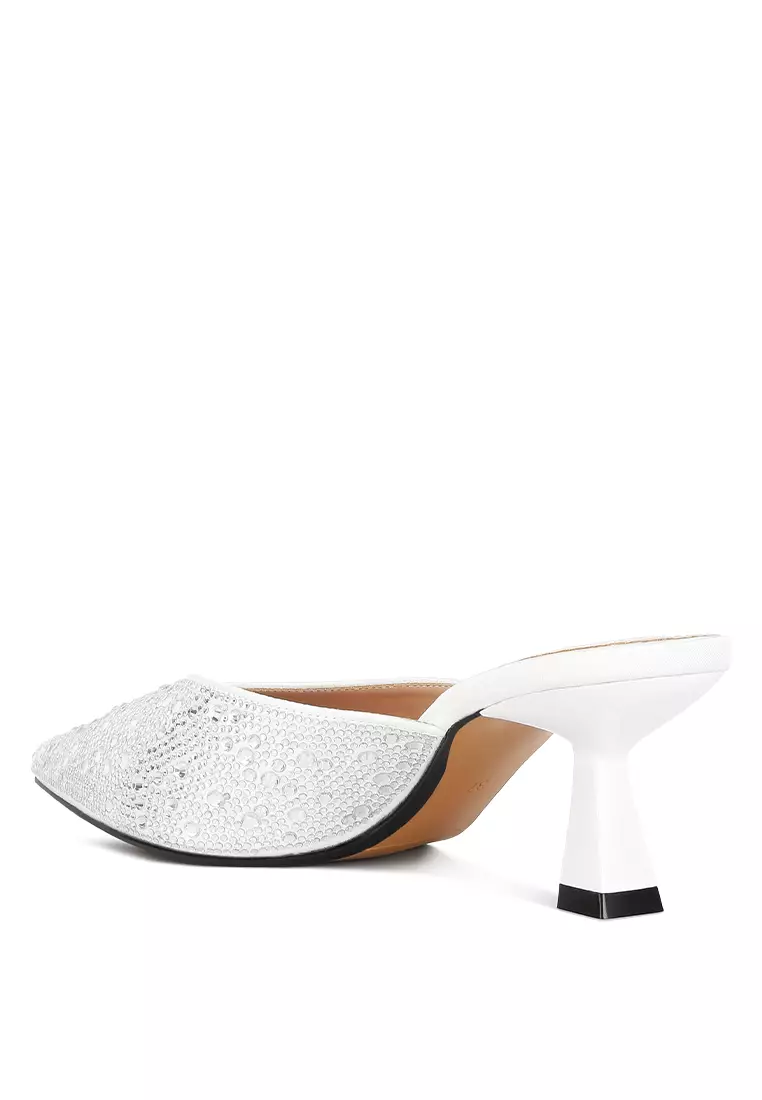 London Rag White Rhinestones Embellished Satin Mules