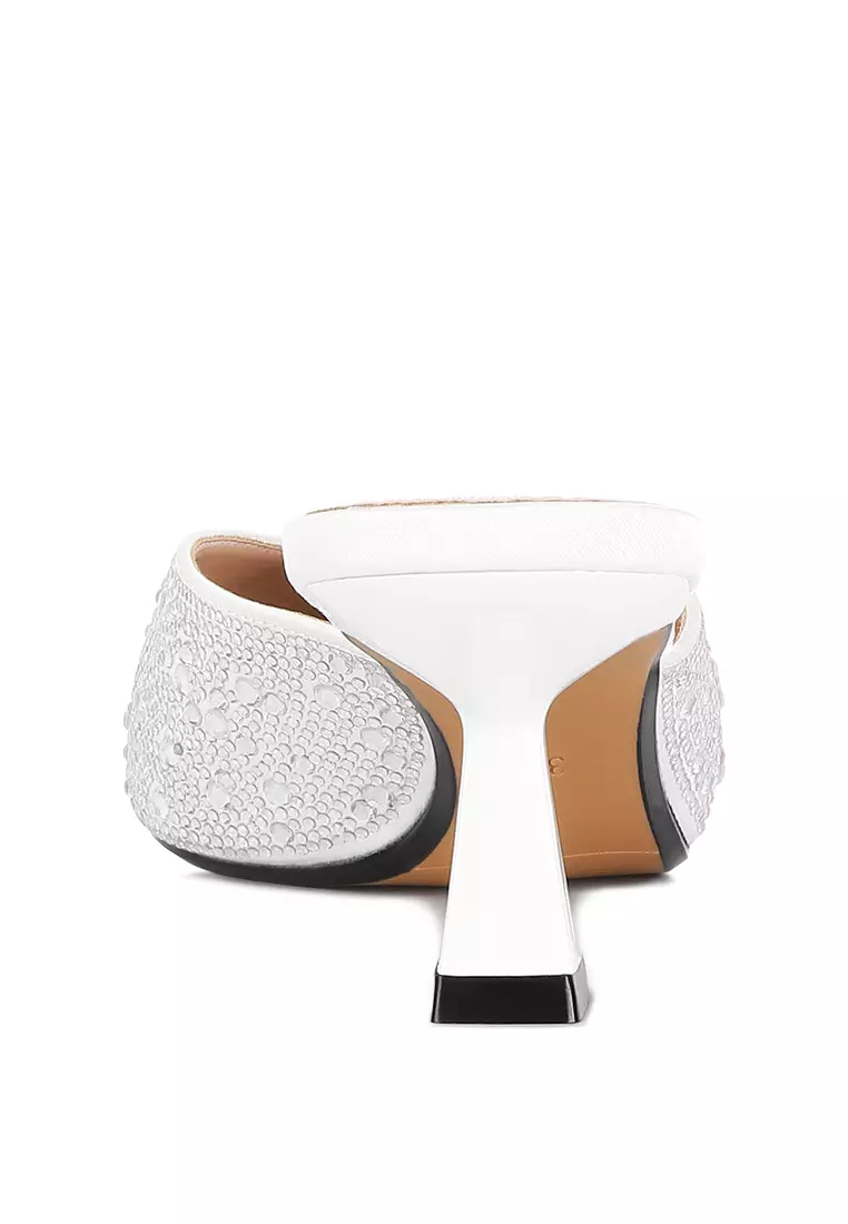 London Rag White Rhinestones Embellished Satin Mules