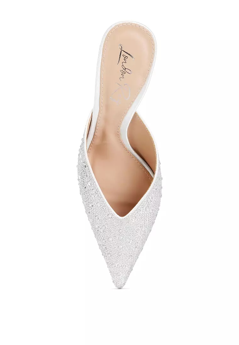 London Rag White Rhinestones Embellished Satin Mules