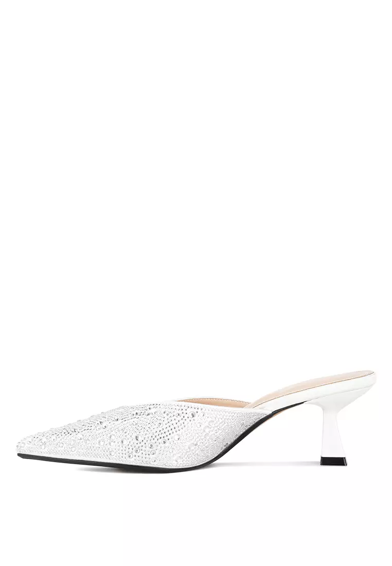 London Rag White Rhinestones Embellished Satin Mules