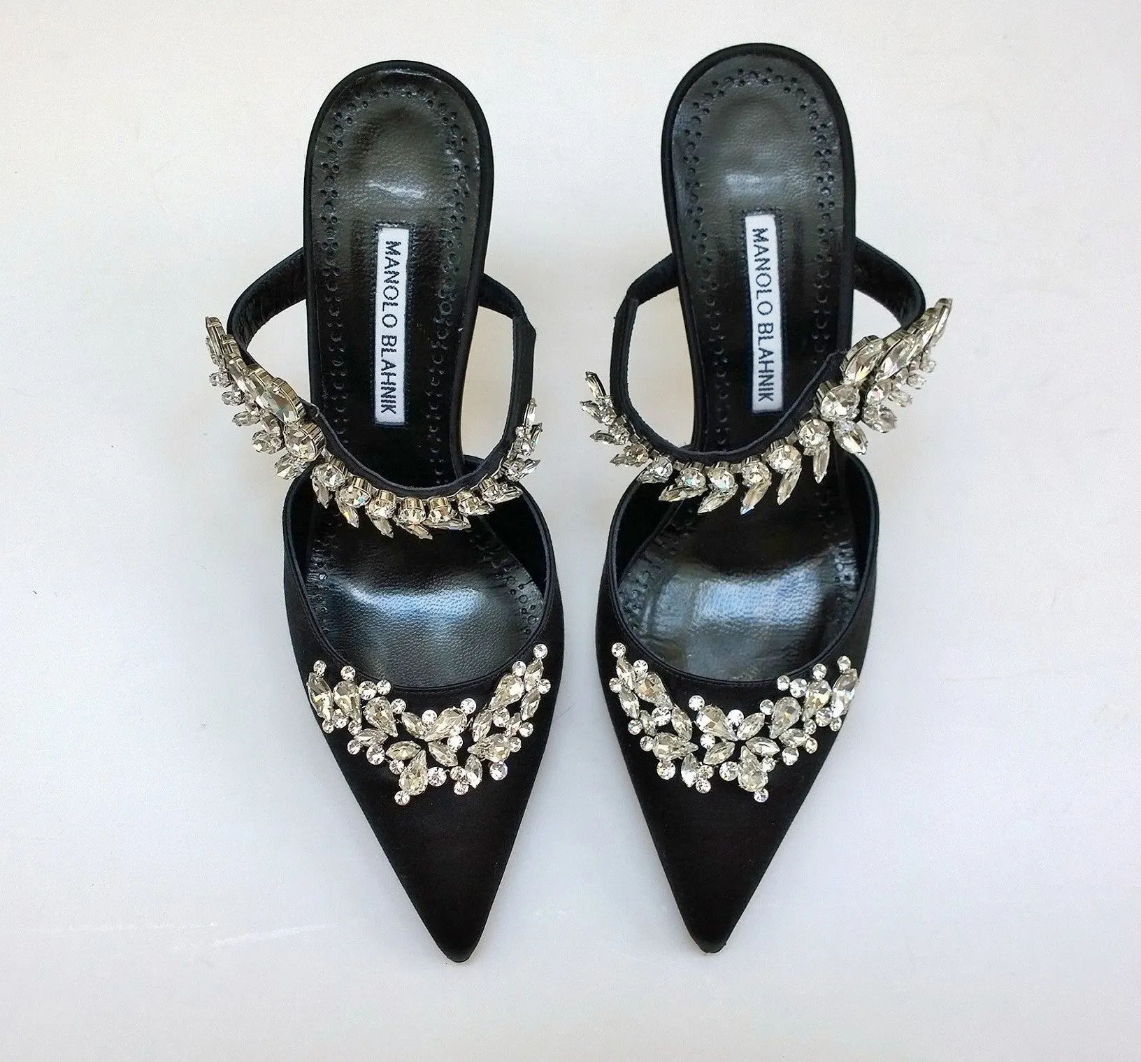 Manolo Blahnik Lurum 90 Black Satin Strass Rhinestone Heels Mules