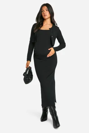 Maternity Textured Rib Strappy Side Split Midi Dress & Crop Cardigan