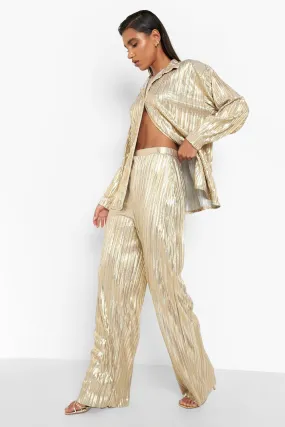 Metallic Plisse Wide Leg Pants