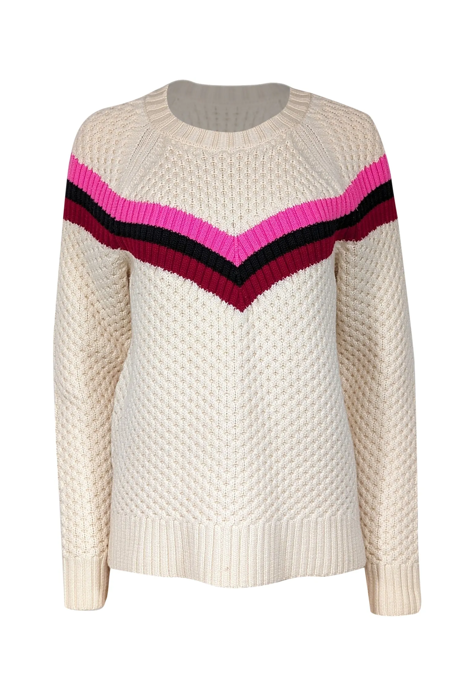 Milly - Cream Wool Blend Popcorn Stitch Sweater w/ Varsity Stripes Sz L