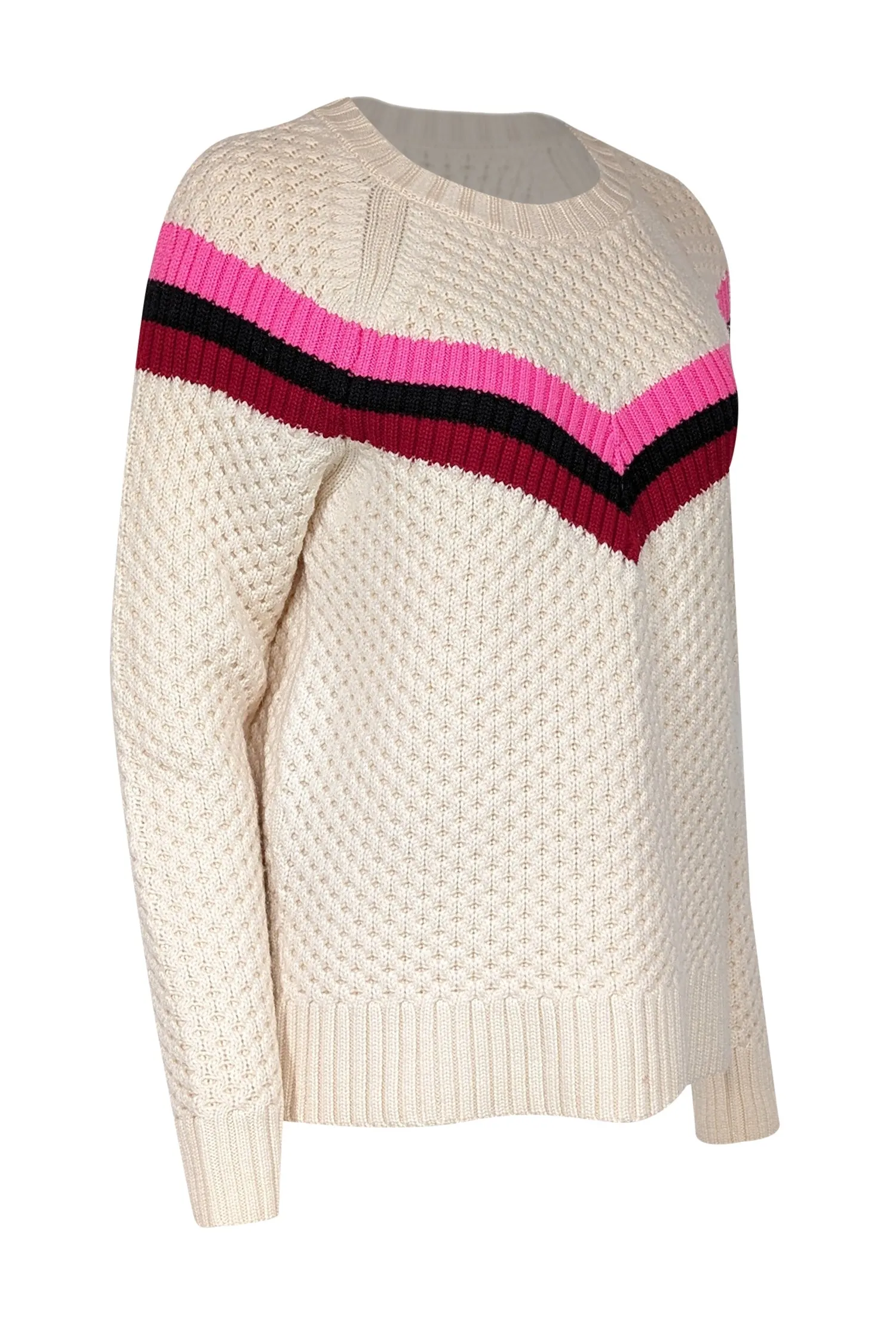 Milly - Cream Wool Blend Popcorn Stitch Sweater w/ Varsity Stripes Sz L