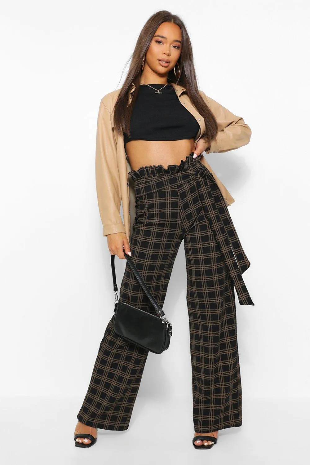 Paperbag High Waist Checked Wide Leg Pants