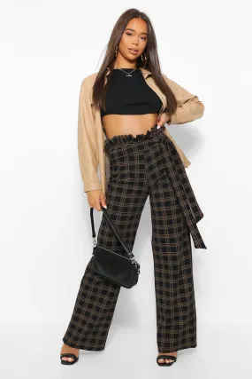 Paperbag High Waist Checked Wide Leg Pants