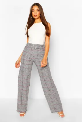 Pastel Pink Dogtooth Belted Wide Leg Pants