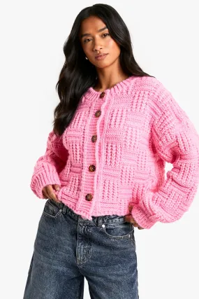 Petite Chunky Basket Stitch High Neck Knitted Cardigan