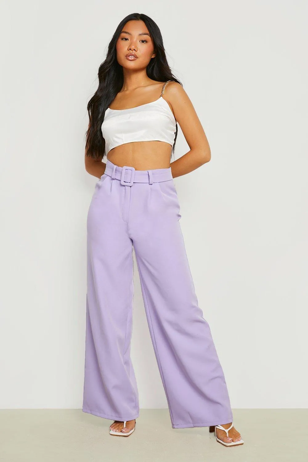 Petite Self Belt Tailored Wide Leg Pants