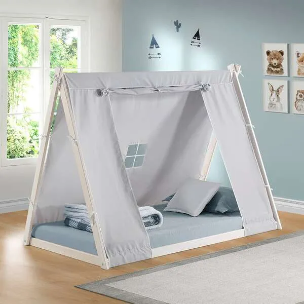 P'kolino Kid's Tent Twin Floor Bed, White Frame/Grey Tent