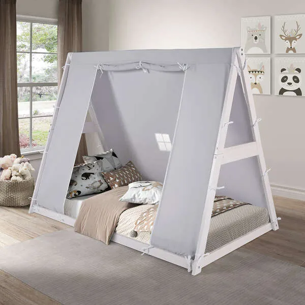 P'kolino Kid's Tent Twin Floor Bed, White Frame/Grey Tent