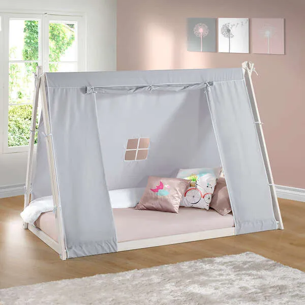 P'kolino Kid's Tent Twin Floor Bed, White Frame/Grey Tent