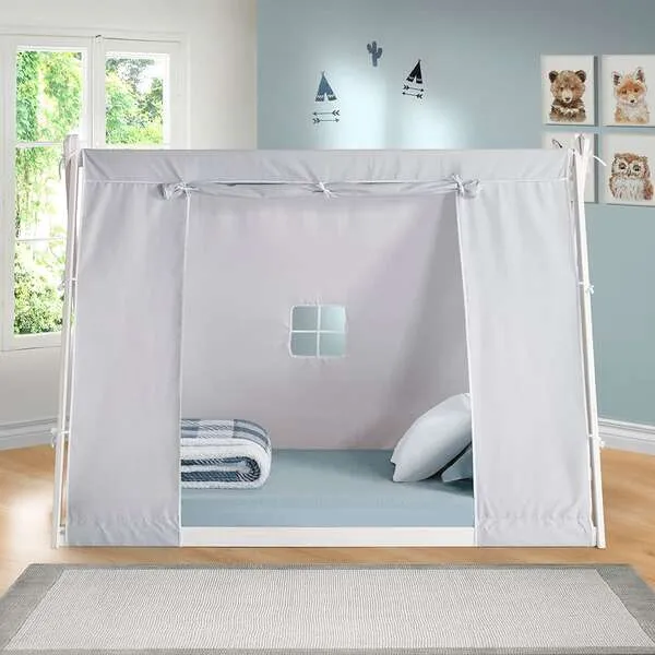 P'kolino Kid's Tent Twin Floor Bed, White Frame/Grey Tent